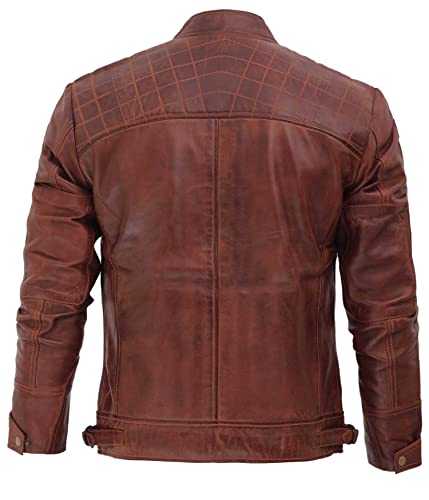 fjackets Real Lambskin Leather Biker Jacket — Quilted Cafe Racer Zip Up Moto Leather Jacket Men | [1100083] Johnson Brown, M