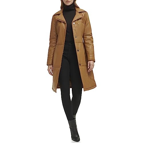 Kenneth Cole Women's Belted Faux Leather Jacket, Knee Length TAN, X-Large