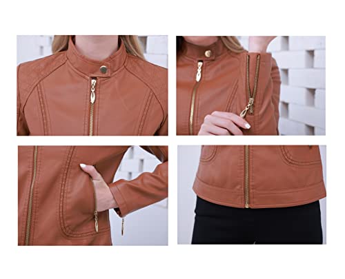 Women's Trendy Faux Leather Jacket Moto Short Jacket Fashion PU Jacket Coat (XL, Brown)