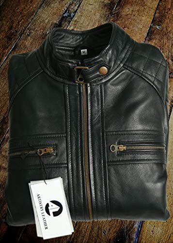 Mens Genuine Leather Biker Jacket Black | Vintage Brown Distressed Lambskin Motorcycle Jackets for Men (Medium, Black)