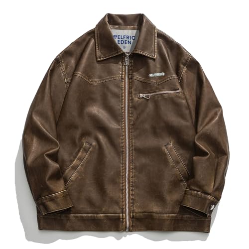 Aelfric Eden Mens Leather Jacket Vintage Oversized Brown Leather Jacket Unisex Casual Zip-Up Motorcycle Jacket with Pockets