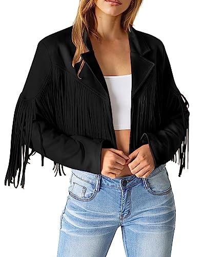 PRETTYGARDEN Women's Fringe Faux Suede Leather Jackets 2024 Fashion Tassel Motorcycle Cropped Coats (Black,Large)