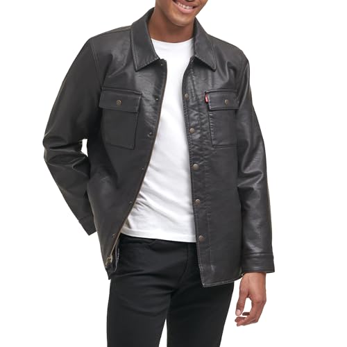 Levi's Men's Buffed Cow Faux Leather Hooded Trucker Jacket, New Brown, Large