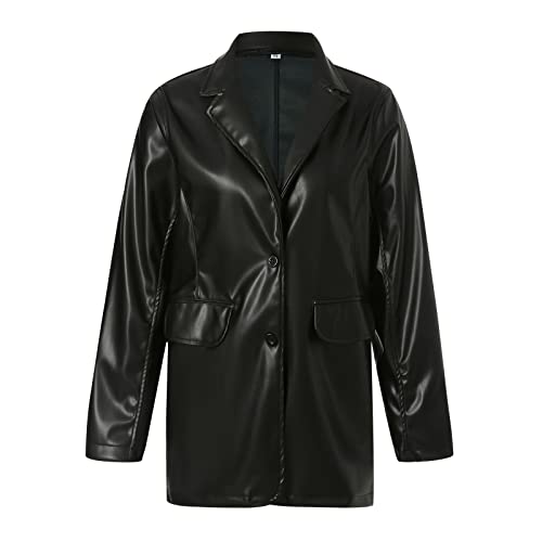 Kaipiclos Women Leather Jacket Oversized Lapel Button Front PU Faux Leather Blazer Shacket Jackets Fall Winter Trench Coat (Leather Jackets Black, M)