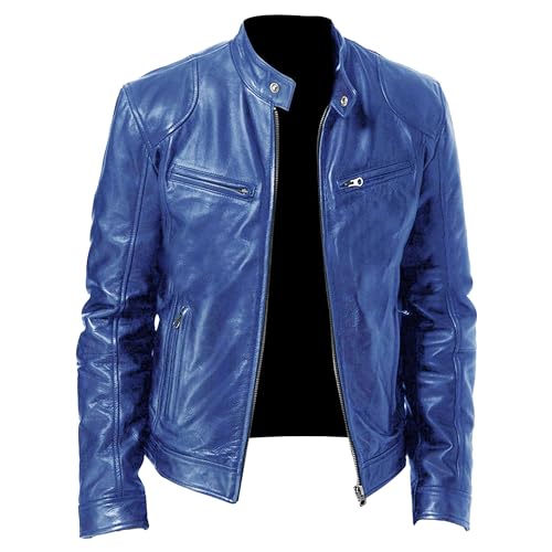 Men Faux Leather Zip Up Jacket Stand Collar Leather Motorcycle Jacket Lightweight Bomber Outwear PU Coat (XL 码,Blue)