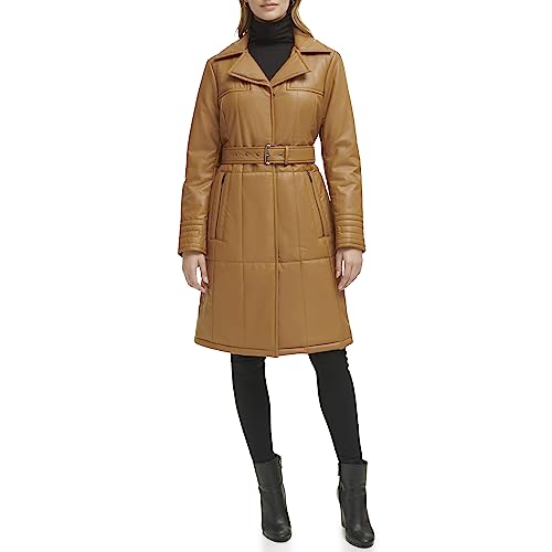 Kenneth Cole Women's Belted Faux Leather Jacket, Knee Length TAN, X-Large