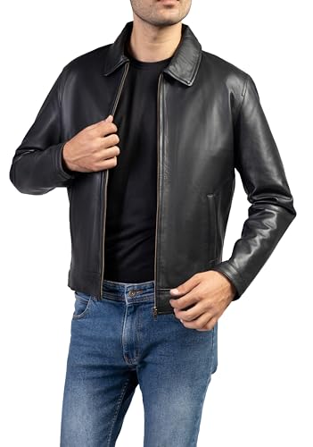 Jild Polo Collar Premium Leather Jacket Men - Old School Classic Style Everyday Wear Real Lambskin Mens Leather Jacket (Polo-Blk-L)