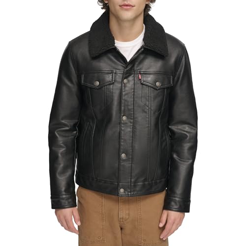 Levi's Men's Faux Leather Classic Trucker Jacket, Black W/Sherpa Collar, S