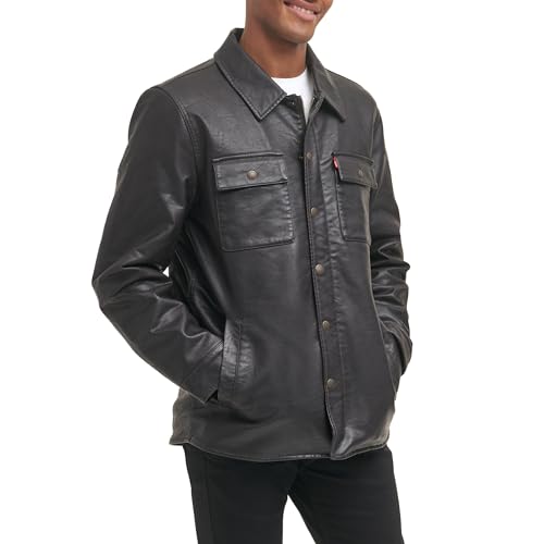 Levi's Men's Buffed Cow Faux Leather Hooded Trucker Jacket, New Brown, Large