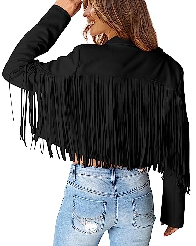 PRETTYGARDEN Women's Fringe Faux Suede Leather Jackets 2024 Fashion Tassel Motorcycle Cropped Coats (Black,Large)