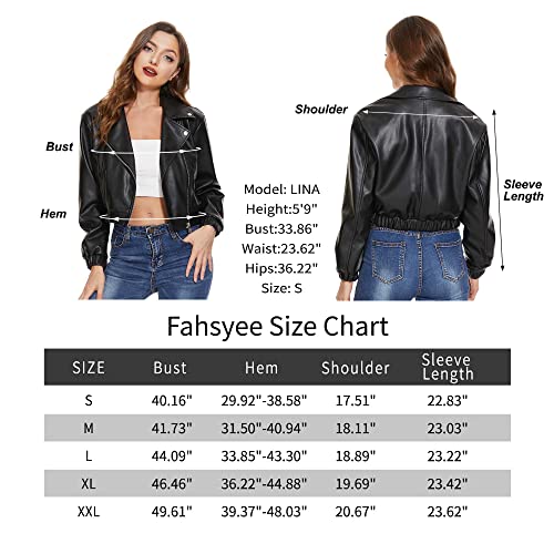 Fahsyee Faux Leather Jacket Women - Black Motorcycle Short Coat Moto Biker Blazer Plus Size Casual Pleather Jackets Fashion M