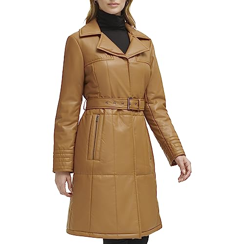 Kenneth Cole Women's Belted Faux Leather Jacket, Knee Length TAN, X-Large