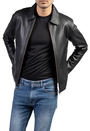 Jild Polo Collar Premium Leather Jacket Men - Old School Classic Style Everyday Wear Real Lambskin Mens Leather Jacket (Polo-Blk-L)