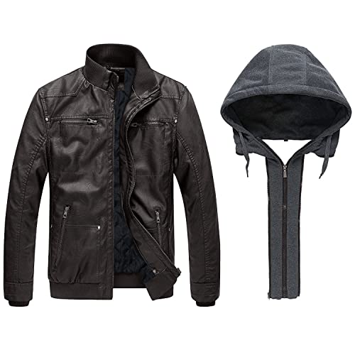 wantdo Men's PU Leather Jacket with Hood Motorcycle Coat Dark Coffee M(Thick)