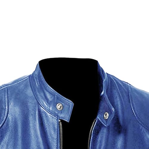 Men Faux Leather Zip Up Jacket Stand Collar Leather Motorcycle Jacket Lightweight Bomber Outwear PU Coat (XL 码,Blue)
