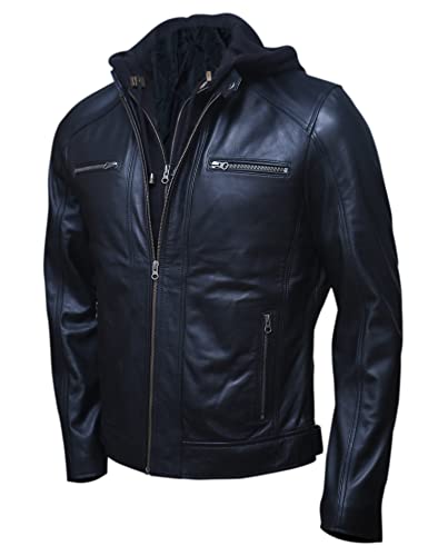 Artistry Mens Genuine Lambskin Leather Motorcycle Jacket with Removable Hood in Black Brown (Medium, Black)