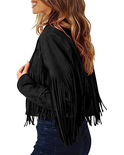 PRETTYGARDEN Women's Fringe Faux Suede Leather Jackets 2024 Fashion Tassel Motorcycle Cropped Coats (Black,Large)