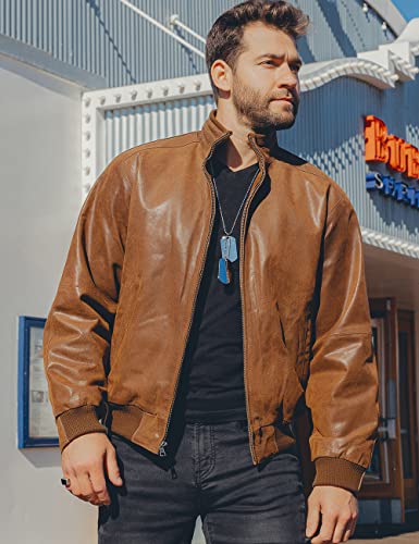 FLAVOR Men's Moto Real Leather Classic Jacket with Stand Collar (Brown, m)