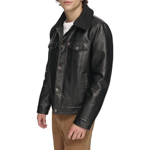 Levi's Men's Faux Leather Classic Trucker Jacket, Black W/Sherpa Collar, S