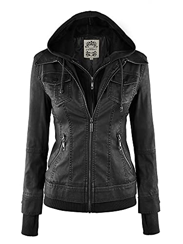 Made By Johnny MBJ WJC664 Womens Faux Leather Jacket with Hoodie L BLACK