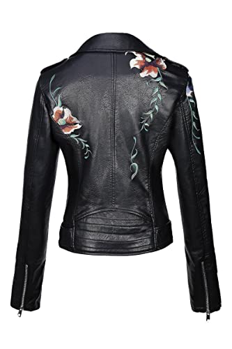 Bellivera Spring Faux Leather Jacket For Women Womens Long Sleeves Winter Faux Leather Embroidery Floral Zipper Jacket,Black1702020,Medium