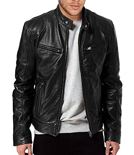 The Leather Factory Men's SWORD Genuine Lambskin Leather Biker Jacket L Black