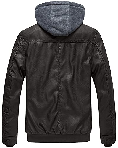 wantdo Men's PU Leather Jacket with Hood Motorcycle Coat Dark Coffee M(Thick)