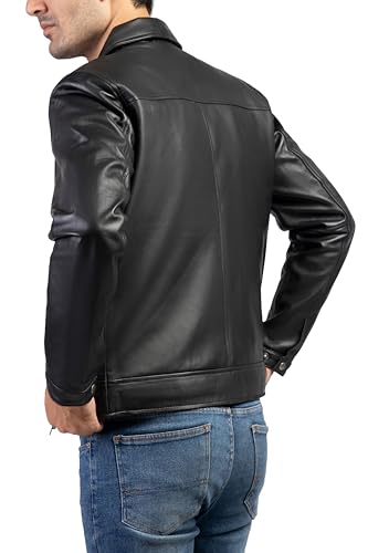 Jild Polo Collar Premium Leather Jacket Men - Old School Classic Style Everyday Wear Real Lambskin Mens Leather Jacket (Polo-Blk-L)