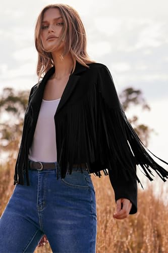 PRETTYGARDEN Women's Fringe Faux Suede Leather Jackets 2024 Fashion Tassel Motorcycle Cropped Coats (Black,Large)