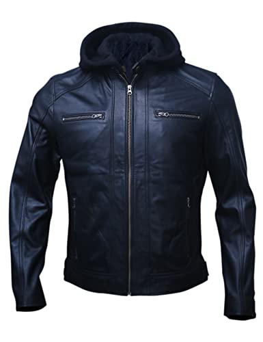 Artistry Mens Genuine Lambskin Leather Motorcycle Jacket with Removable Hood in Black Brown (Medium, Black)