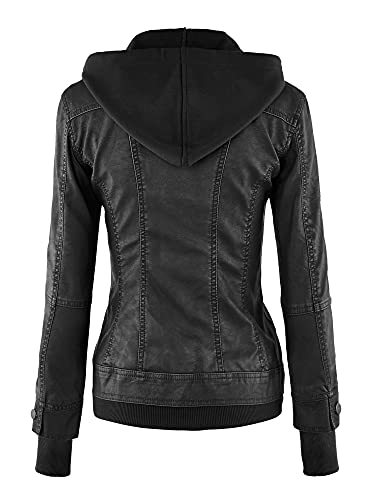 Made By Johnny MBJ WJC664 Womens Faux Leather Jacket with Hoodie L BLACK