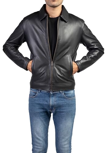 Jild Polo Collar Premium Leather Jacket Men - Old School Classic Style Everyday Wear Real Lambskin Mens Leather Jacket (Polo-Blk-L)