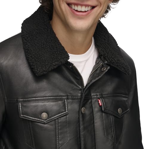 Levi's Men's Faux Leather Classic Trucker Jacket, Black W/Sherpa Collar, S