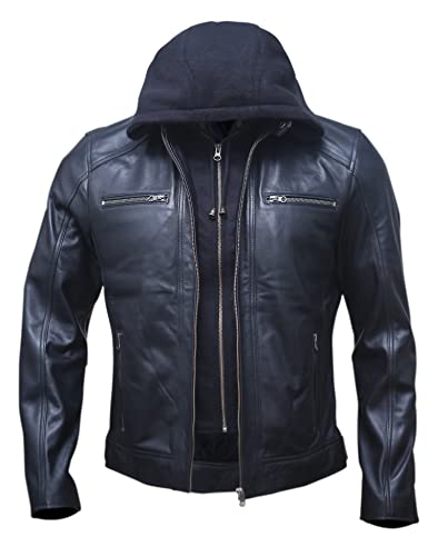 Artistry Mens Genuine Lambskin Leather Motorcycle Jacket with Removable Hood in Black Brown (Medium, Black)