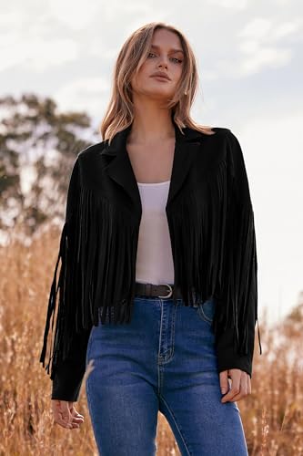 PRETTYGARDEN Women's Fringe Faux Suede Leather Jackets 2024 Fashion Tassel Motorcycle Cropped Coats (Black,Large)