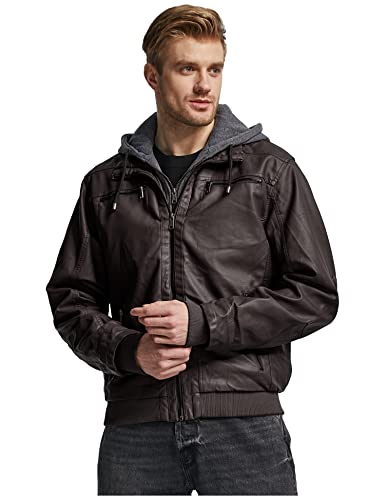 wantdo Men's PU Leather Jacket with Hood Motorcycle Coat Dark Coffee M(Thick)