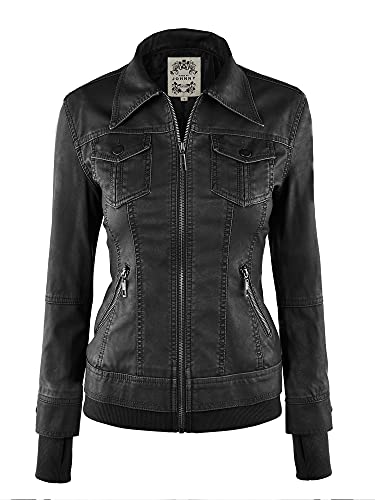 Made By Johnny MBJ WJC664 Womens Faux Leather Jacket with Hoodie L BLACK