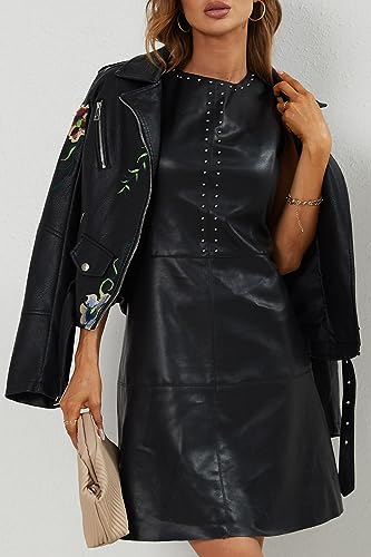 Bellivera Spring Faux Leather Jacket For Women Womens Long Sleeves Winter Faux Leather Embroidery Floral Zipper Jacket,Black1702020,Medium