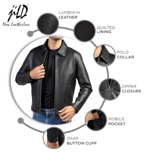 Jild Polo Collar Premium Leather Jacket Men - Old School Classic Style Everyday Wear Real Lambskin Mens Leather Jacket (Polo-Blk-L)