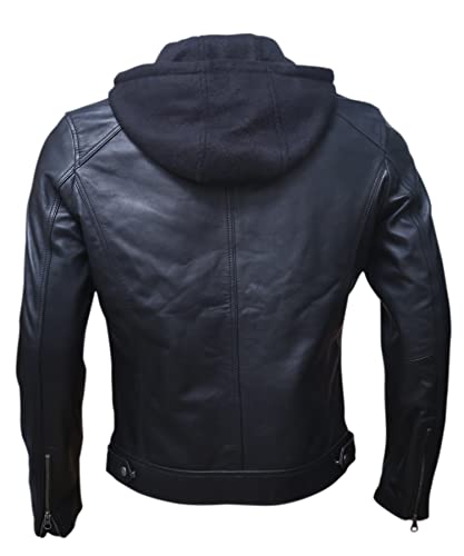 Artistry Mens Genuine Lambskin Leather Motorcycle Jacket with Removable Hood in Black Brown (Medium, Black)
