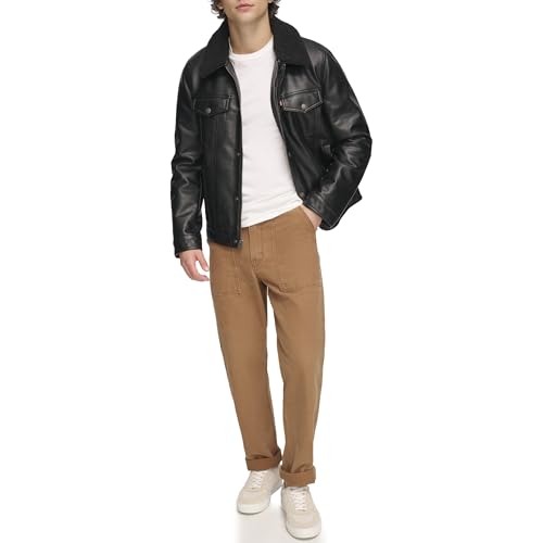 Levi's Men's Faux Leather Classic Trucker Jacket, Black W/Sherpa Collar, S
