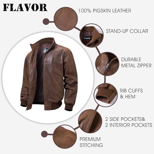 FLAVOR Men's Moto Real Leather Classic Jacket with Stand Collar (Brown, m)