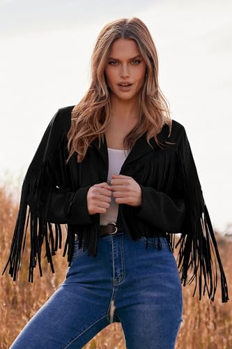 PRETTYGARDEN Women's Fringe Faux Suede Leather Jackets 2024 Fashion Tassel Motorcycle Cropped Coats (Black,Large)