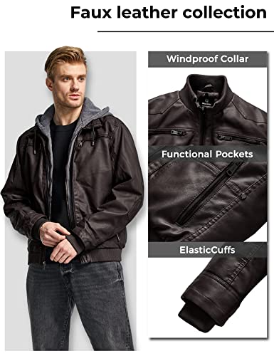 wantdo Men's PU Leather Jacket with Hood Motorcycle Coat Dark Coffee M(Thick)