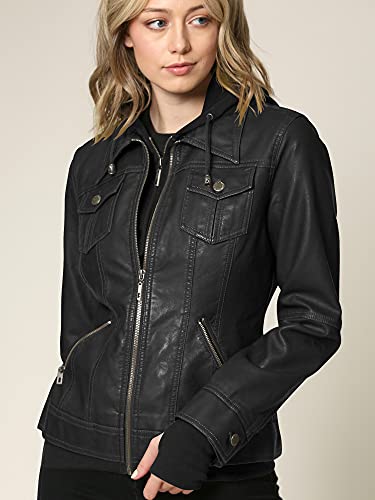 Made By Johnny MBJ WJC664 Womens Faux Leather Jacket with Hoodie L BLACK