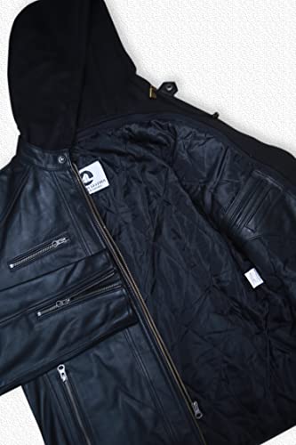 Artistry Mens Genuine Lambskin Leather Motorcycle Jacket with Removable Hood in Black Brown (Medium, Black)