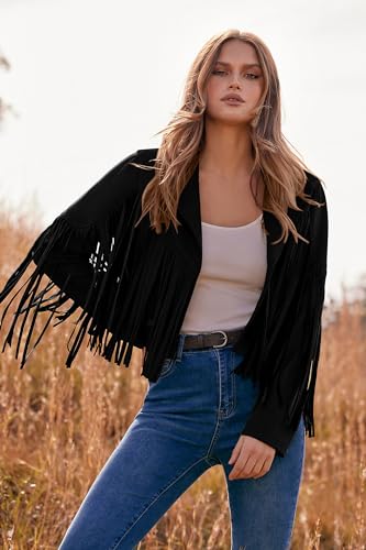 PRETTYGARDEN Women's Fringe Faux Suede Leather Jackets 2024 Fashion Tassel Motorcycle Cropped Coats (Black,Large)