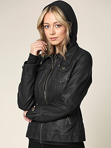 Made By Johnny MBJ WJC664 Womens Faux Leather Jacket with Hoodie L BLACK