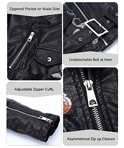 Bellivera Spring Faux Leather Jacket For Women Womens Long Sleeves Winter Faux Leather Embroidery Floral Zipper Jacket,Black1702020,Medium