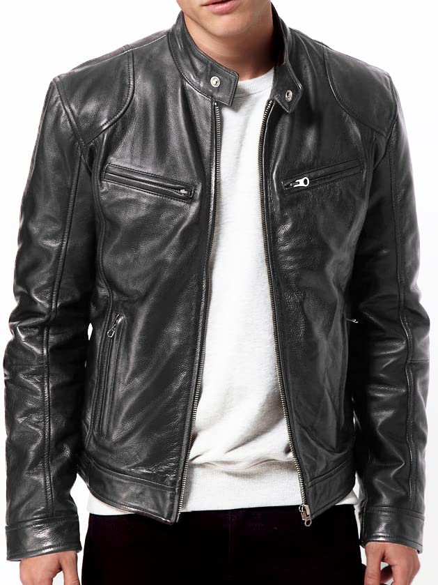 DECIMAL Men's Black Genuine Lambskin Leather Biker Jacket VINTAGE REAL BROWN MOTORCYCLE JACKETS FOR MEN (S, BLACK)